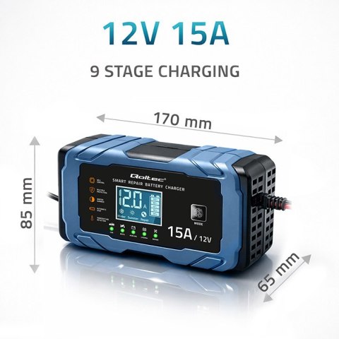 Qoltec Inteligentna mikroprocesorowa ładowarka 12V 15A | Prostownik z funkcją naprawy | AGM GEL LiFePO4 | 9- stopniowe ładowanie