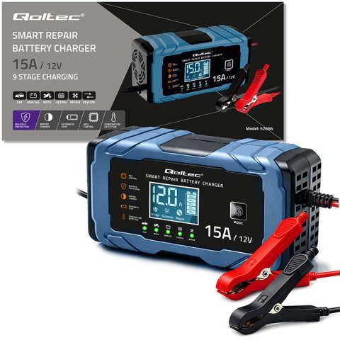 Qoltec Inteligentna mikroprocesorowa ładowarka 12V 15A | Prostownik z funkcją naprawy | AGM GEL LiFePO4 | 9- stopniowe ładowanie
