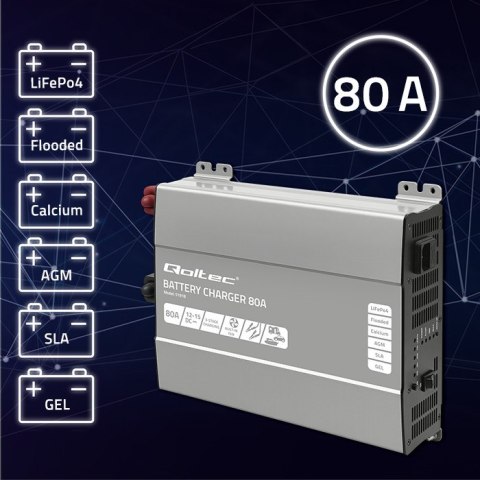 Qoltec Inteligentna profesjonalna ładowarka Monolith do akumulatorów LiFePO4 AGM GEL SLA | 80A | 12V | Szybkie ładowanie