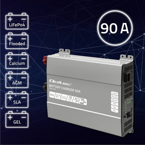 Qoltec Inteligentna profesjonalna ładowarka Monolith do akumulatorów LiFePO4 AGM GEL SLA | 90A | 12V | Szybkie ładowanie