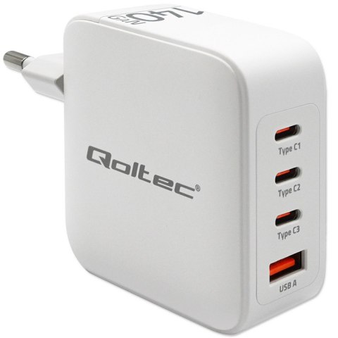 Qoltec Ładowarka sieciowa 140W GaN | 5-20V | 2.5-5A | 3 x USB-C PD | 1 x USB QC 3.0 | Laptop | Smartfon | Biała
