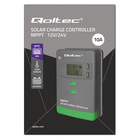 Qoltec Solarny regulator ładowania MPPT z czujnikiem temperatury 10A |12V / 24V | LCD | 2 x USB | GEL | LiFePO4