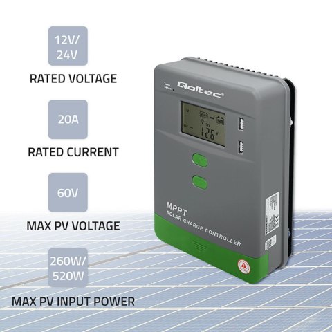 Qoltec Solarny regulator ładowania MPPT z czujnikiem temperatury 20A |12V / 24V | LCD | 2 x USB | GEL | LiFePO4