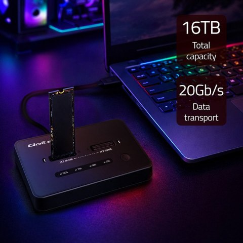 Qoltec Stacja dokująca dysków SSD M.2 NVMe| PCIe | USB-C | 20Gb/s | DUAL 2 x 8TB | klonowanie offline