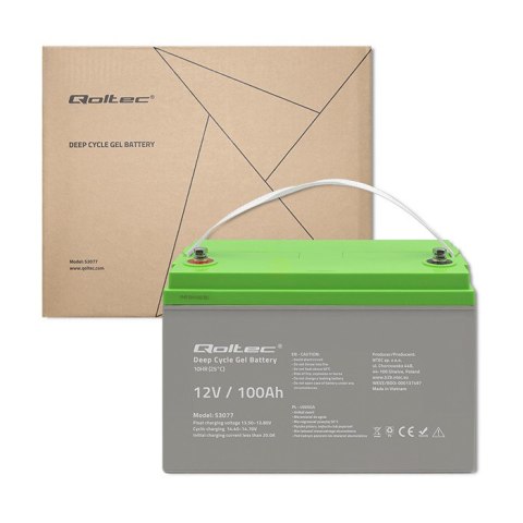 Qoltec Akumulator żelowy Deep Cycle | 12V | 100Ah | 30.5kg | Bezobsługowy | Professional | LongLife | PV, UPS, kamper