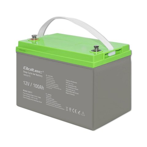 Qoltec Akumulator żelowy Deep Cycle | 12V | 100Ah | 30.5kg | Bezobsługowy | Professional | LongLife | PV, UPS, kamper