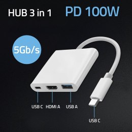Qoltec Hub Adapter USB-C 3.1 3w1 | USB 3.0 | HDMI 4K | USB-C 3.1 PD 100W