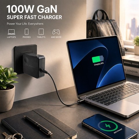 Qoltec Ładowarka sieciowa GaN Super Fast 100W | USB-C PD | 5-20V | 3-5A | Laptop | MacBook | Smartfon | kabel 1.8m