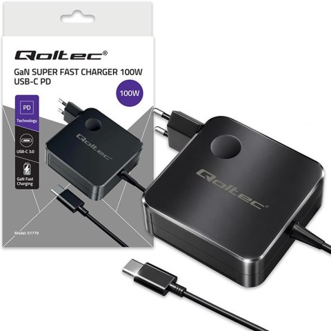 Qoltec Ładowarka sieciowa GaN Super Fast 100W | USB-C PD | 5-20V | 3-5A | Laptop | MacBook | Smartfon | kabel 1.8m