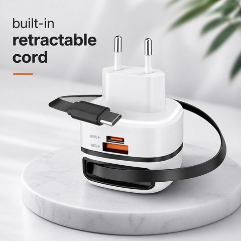 Qoltec Ładowarka sieciowa GaN Super Fast 65W | USB-C PD PPS | 5-20V | 3-3.25A | Laptop | MacBook | Smartfon | wysuwany kabel