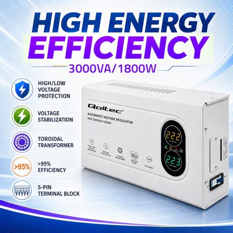 Qoltec Automatyczny Stabilizator napięcia AVR 3000VA | 1800W | Compact | Toroidalny transformator