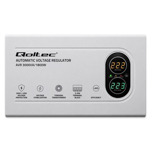 Qoltec Automatyczny Stabilizator napięcia AVR 3000VA | 1800W | Compact | Toroidalny transformator