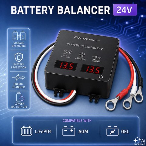 Qoltec Balanser napięcia 24V do akumulatorów 2 x 12V | 5A | AGM GEL LiFePO4 | LED