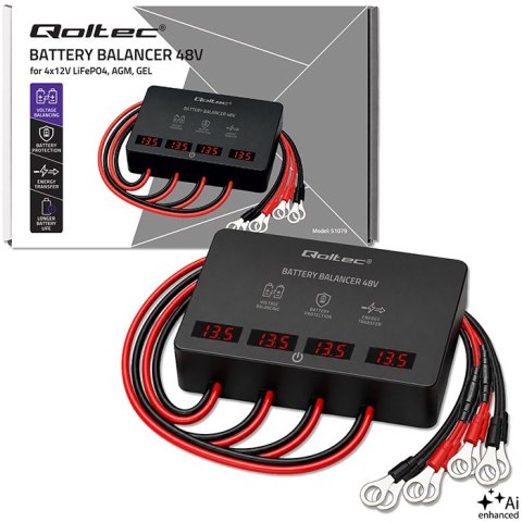 Qoltec Balanser napięcia 48V do akumulatorów 4 x 12V | 10A | AGM GEL LiFePO4 | LED