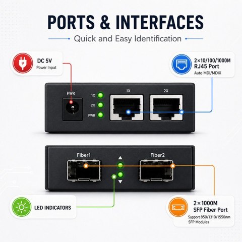 Qoltec Dwukierunkowy Media Konwerter SWITCH Ethernet 2x RJ45 2x SFP| 1000Mb/s | 5V