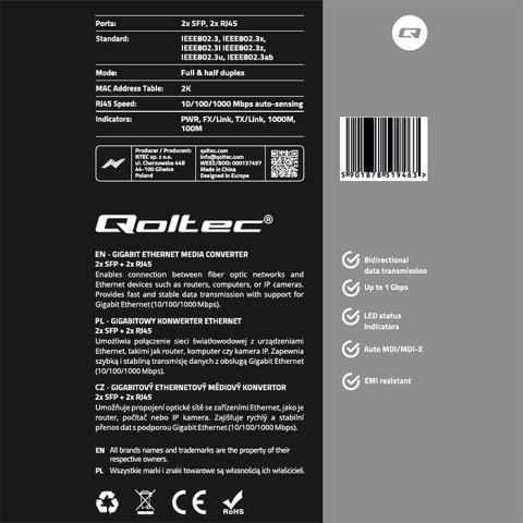 Qoltec Dwukierunkowy Media Konwerter SWITCH Ethernet 2x RJ45 2x SFP| 1000Mb/s | 5V