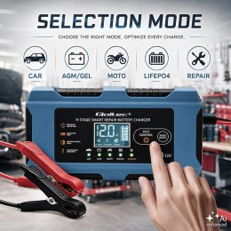 Qoltec Inteligentna ładowarka 12V 6A | Prostownik z funkcją naprawy | MCU | Auto OFF | 9-stopniowe ładowanie | AGM GEL LiFePO4