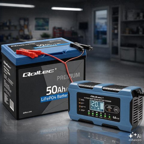 Qoltec Inteligentna ładowarka 12V 6A | Prostownik z funkcją naprawy | MCU | Auto OFF | 9-stopniowe ładowanie | AGM GEL LiFePO4