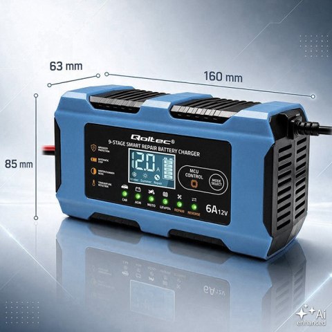Qoltec Inteligentna ładowarka 12V 6A | Prostownik z funkcją naprawy | MCU | Auto OFF | 9-stopniowe ładowanie | AGM GEL LiFePO4