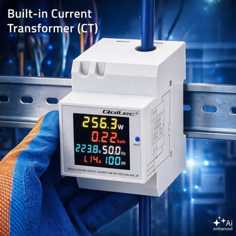 Qoltec Jednofazowy licznik 6w1| miernik zużycia energii na szynę DIN | 230V | 100A | LCD | CT | 3P