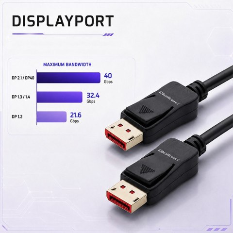 Qoltec Kabel DisplayPort v2.1 męski | DisplayPort v2.1 męski | 8K | 40G | 1.5m