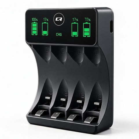 Qoltec Ładowarka do akumulatorków Ni-MH typu R03 AAA R6 AA | LCD | Kabel USB-C | Czarna