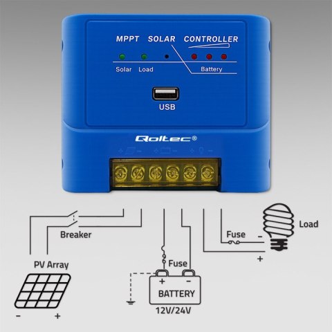 Qoltec Solarny regulator ładowania MPPT 15A do zasilania odbiorników DC i ładowania akumulatorów 12V / 24V | LiFePO4