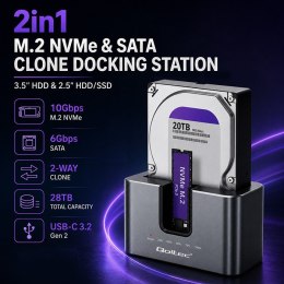 Qoltec Stacja dokująca 2w1 z funkcją Klonowania do dysków HDD SSD | 2.5