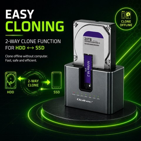 Qoltec Stacja dokująca 2w1 z funkcją Klonowania do dysków HDD SSD | 2.5" 3.5" SATA 6Gb/s | M.2 NVMe 10Gb/s | USB-C 3.2 gen 2 | 2