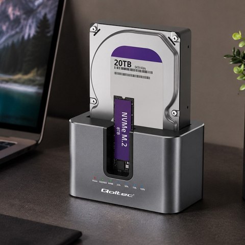 Qoltec Stacja dokująca 2w1 z funkcją Klonowania do dysków HDD SSD | 2.5" 3.5" SATA 6Gb/s | M.2 NVMe 10Gb/s | USB-C 3.2 gen 2 | 2