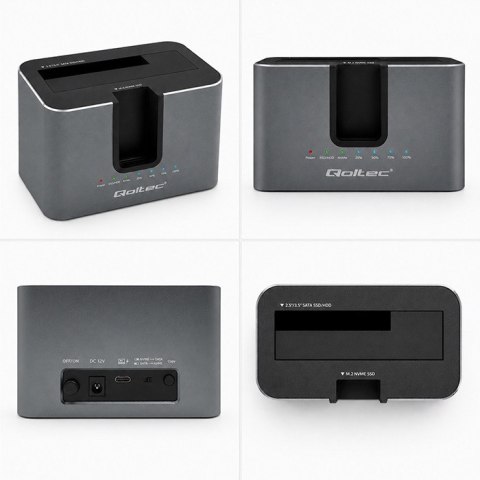 Qoltec Stacja dokująca 2w1 z funkcją Klonowania do dysków HDD SSD | 2.5" 3.5" SATA 6Gb/s | M.2 NVMe 10Gb/s | USB-C 3.2 gen 2 | 2