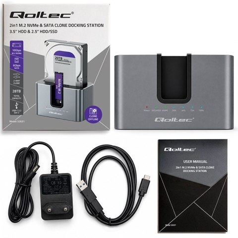 Qoltec Stacja dokująca 2w1 z funkcją Klonowania do dysków HDD SSD | 2.5" 3.5" SATA 6Gb/s | M.2 NVMe 10Gb/s | USB-C 3.2 gen 2 | 2