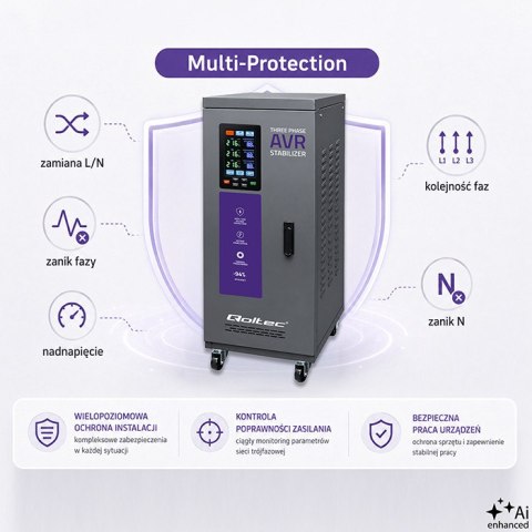 Qoltec Trójfazowy stabilizator napięcia AVR MULTIPROTECTION |15kVA | Dokładność ± 3% | Serwomotor 3F | LCD | Expert Line