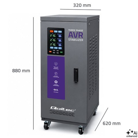 Qoltec Trójfazowy stabilizator napięcia AVR MULTIPROTECTION | 20kVA | Dokładność ± 3% | Serwomotor 3F | LCD | Expert Line