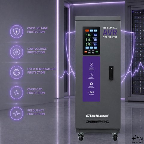 Qoltec Trójfazowy stabilizator napięcia AVR MULTIPROTECTION | 30kVA | Dokładność ± 3% | Serwomotor 3F | LCD | Expert Line