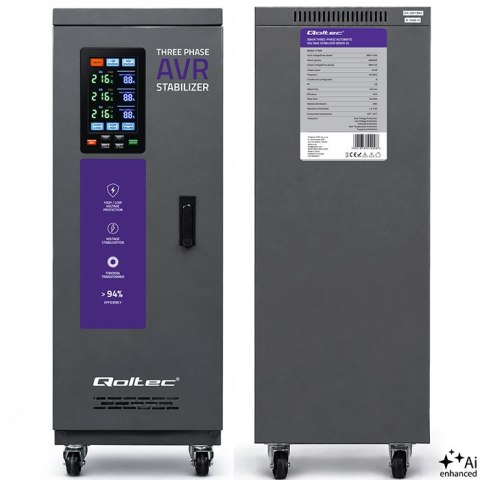 Qoltec Trójfazowy stabilizator napięcia AVR MULTIPROTECTION | 30kVA | Dokładność ± 3% | Serwomotor 3F | LCD | Expert Line